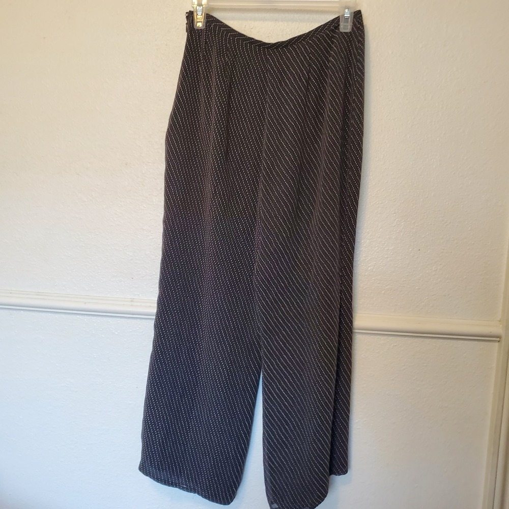 Ann Taylor Silk 2 Piece Set Womens 8/4 Black Dotted Pinstripe Top Wide Leg Pants - Picture 11 of 16
